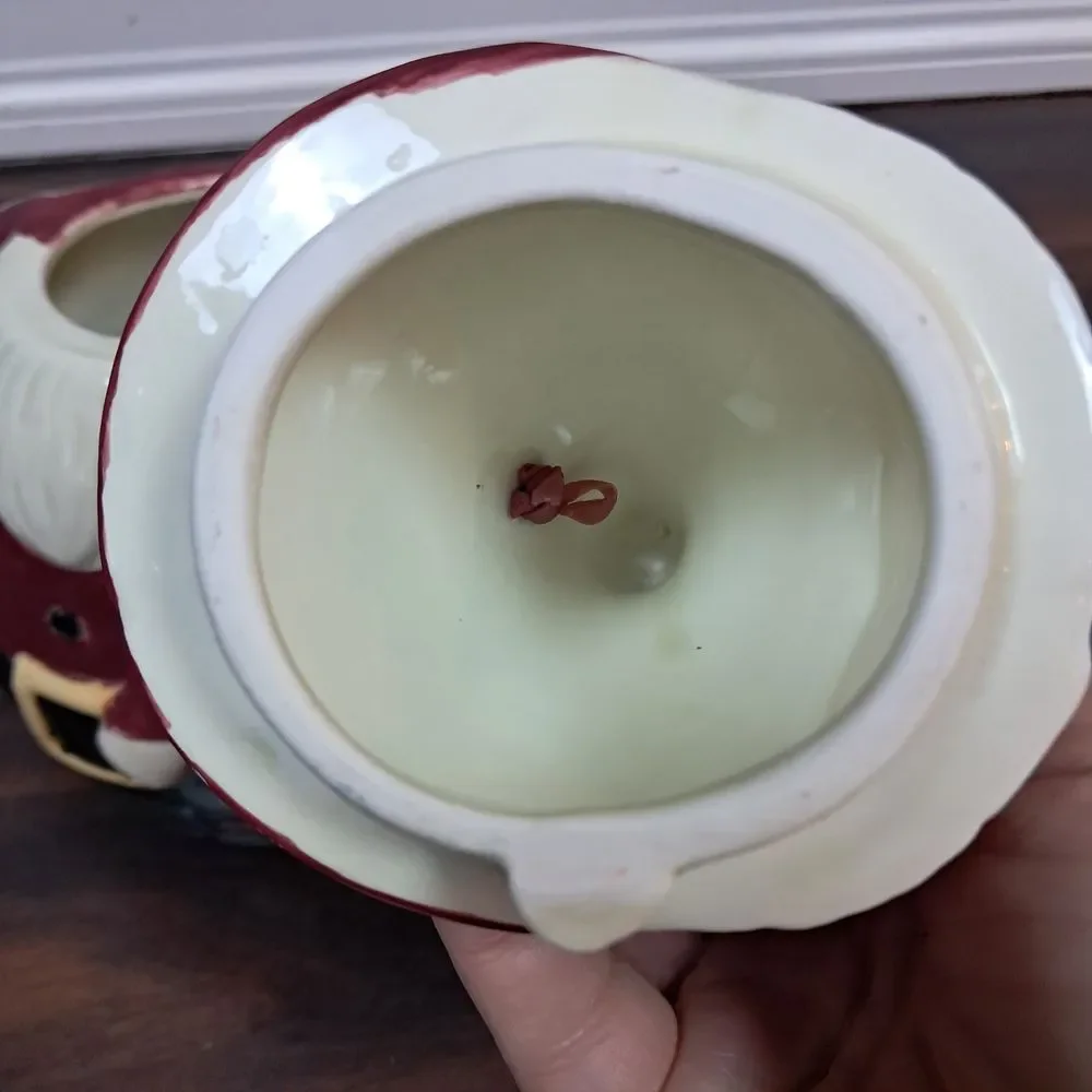 Vintage Christmas Santa Teapot Candy Cane Handle Ceramic Holiday Tea Pot Lantern